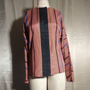 Anne Klein Vintage Red Black White Gold Striped Long Dolman Sleeve Blouse. Silky